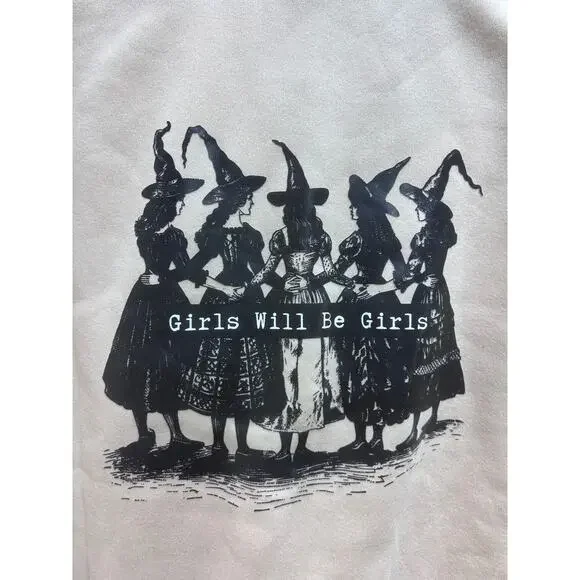 SHEIN Witch Graphic Sweatshirt XL Beige Girls Will Be Girls Gothic Grunge Crew - Picture 2 of 6